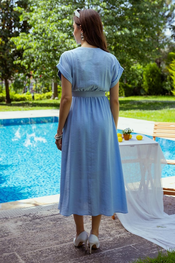 Kemerli Kloş Elbise - BEBE MAVİSİ