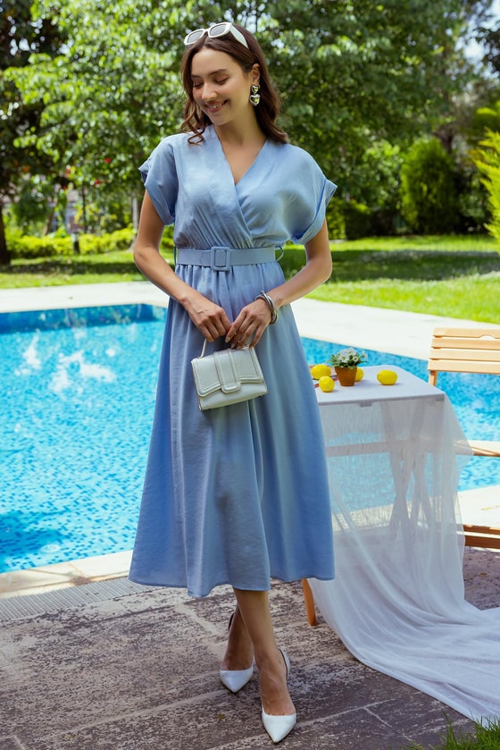 Kemerli Kloş Elbise - BEBE MAVİSİ