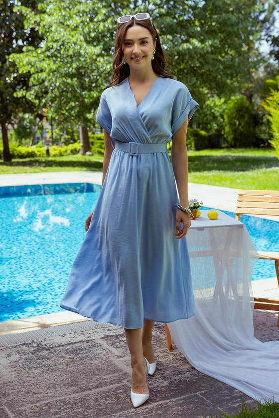 Kemerli Kloş Elbise - BEBE MAVİSİ