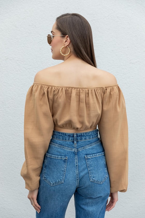 Keten Görünümlü Bluz - KAHVERENGİ