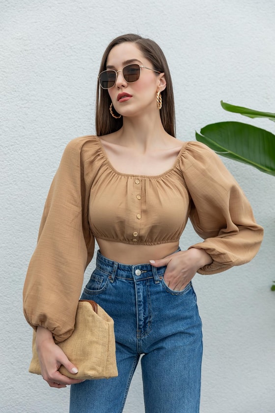 Keten Görünümlü Bluz - KAHVERENGİ