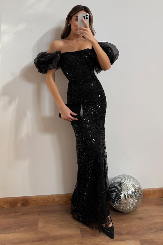 Kol Organze İşlemeli Abiye - SİYAH