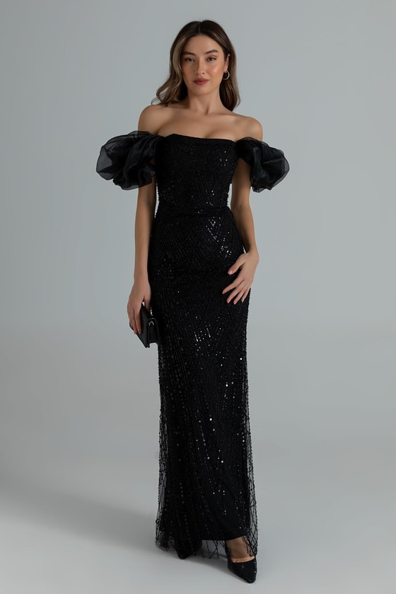 Kol Organze İşlemeli Abiye - SİYAH