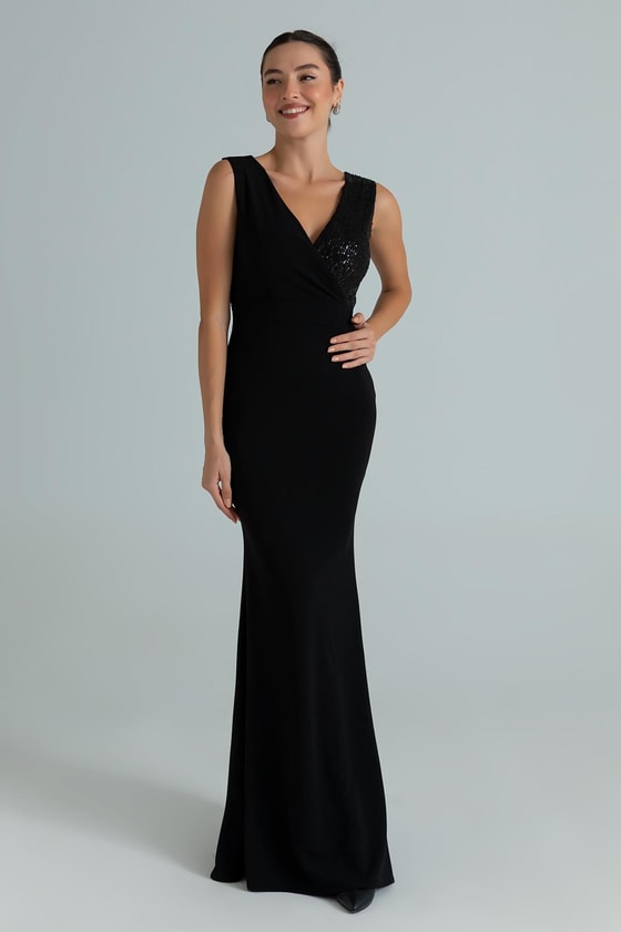 Kruvaze Yaka Balık Abiye - SİYAH