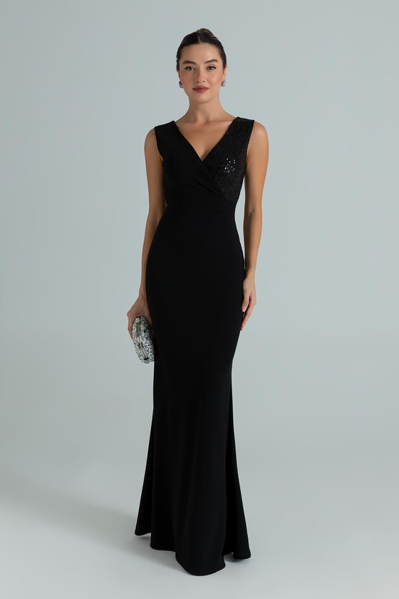 Kruvaze Yaka Balık Abiye - SİYAH