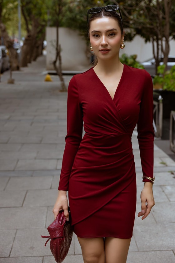 Kruvaze Yaka Mini Elbise - BORDO