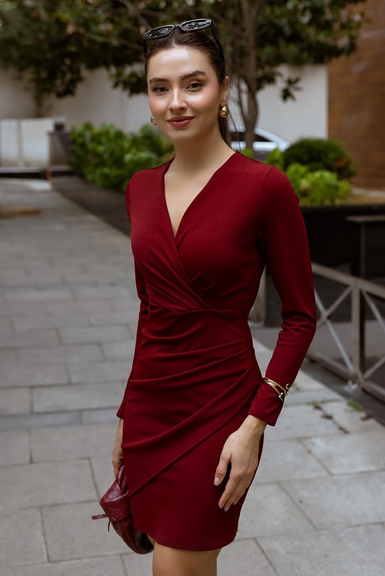 Kruvaze Yaka Mini Elbise - BORDO