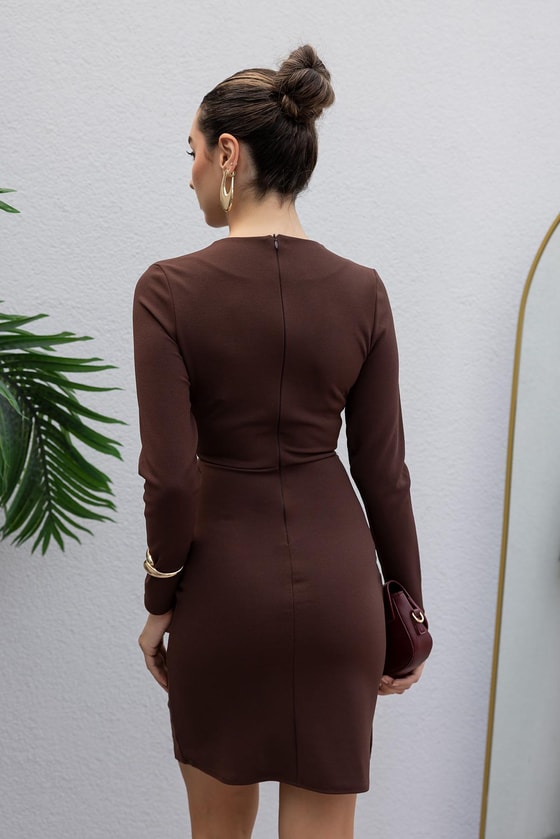 Kruvaze Yaka Mini Elbise - KAHVERENGİ