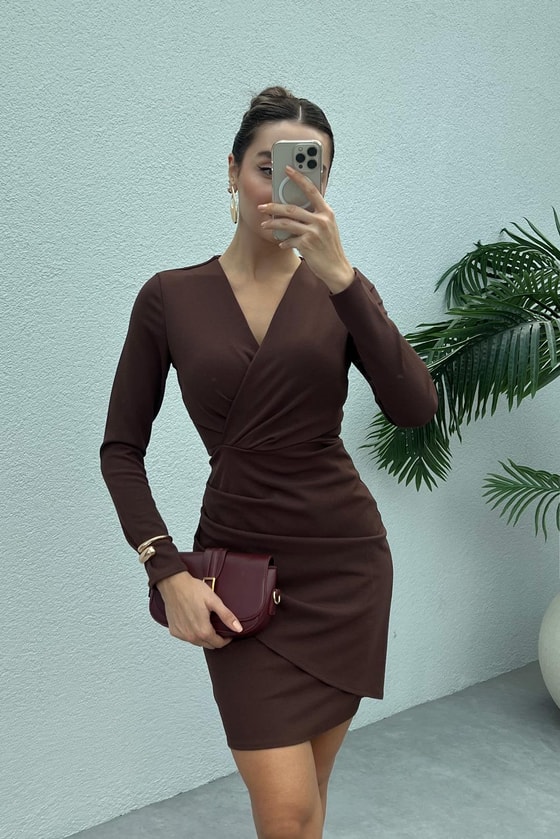 Kruvaze Yaka Mini Elbise - KAHVERENGİ