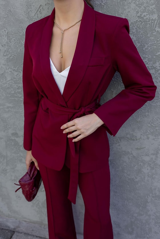 Kuşaklı Ceket Takım - BORDO