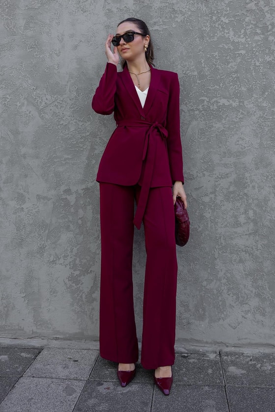 Kuşaklı Ceket Takım - BORDO