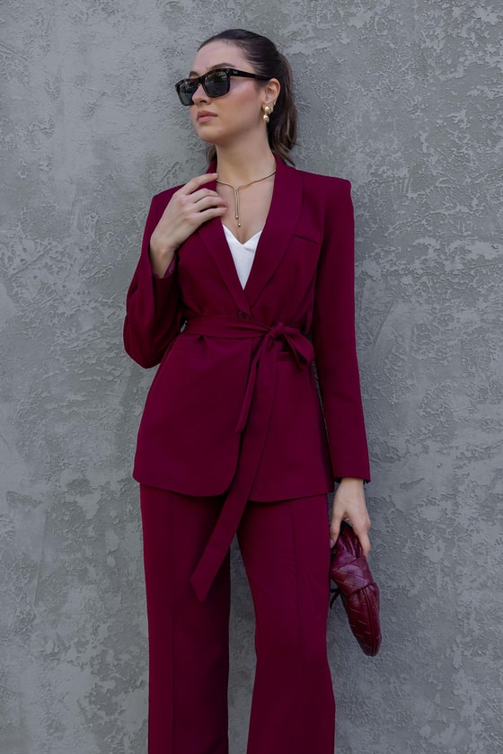 Kuşaklı Ceket Takım - BORDO