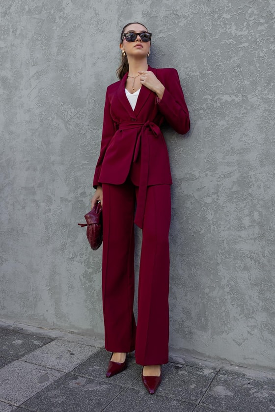 Kuşaklı Ceket Takım - BORDO
