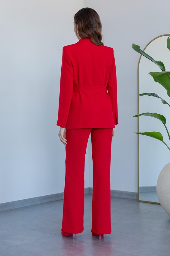 Kuşaklı Ceket Takım - KIRMIZI
