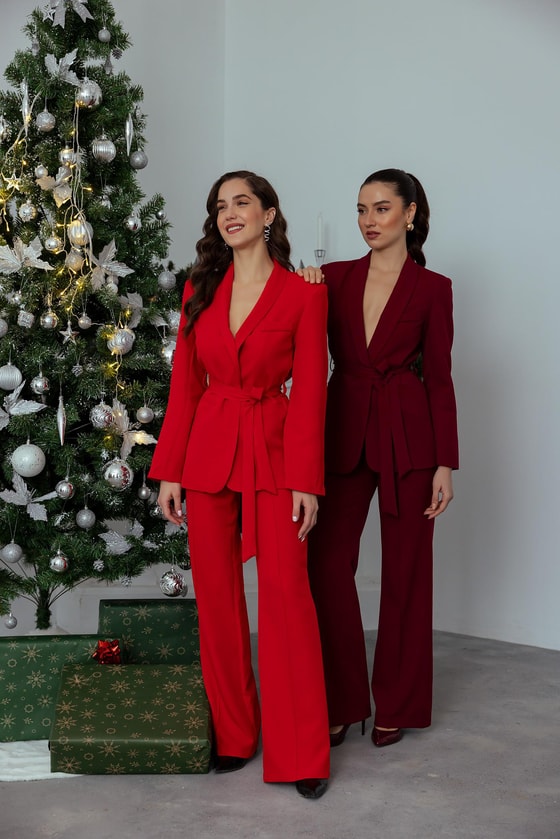 Kuşaklı Ceket Takım - KIRMIZI