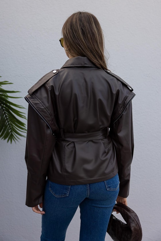 Kuşaklı Deri Ceket - KOYU KAHVERENGİ