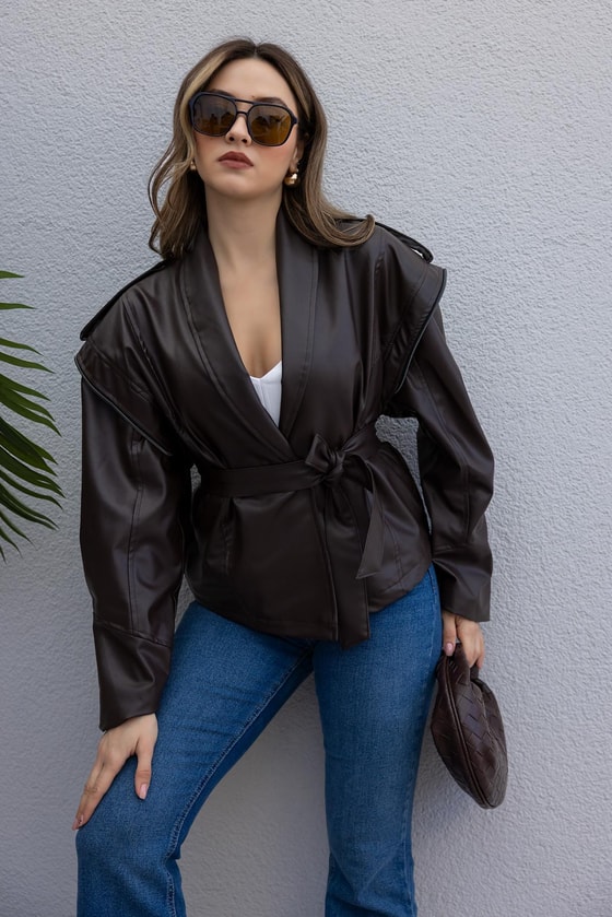 Kuşaklı Deri Ceket - KOYU KAHVERENGİ