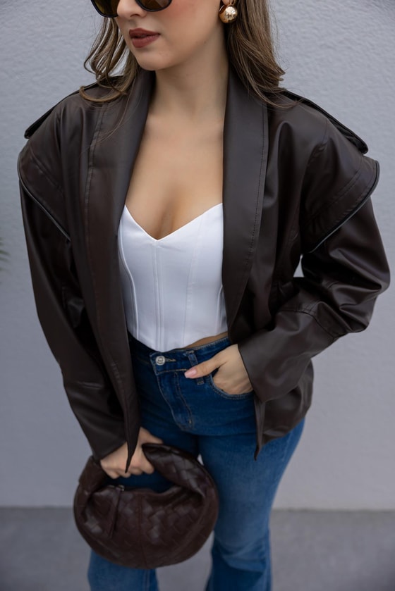 Kuşaklı Deri Ceket - KOYU KAHVERENGİ