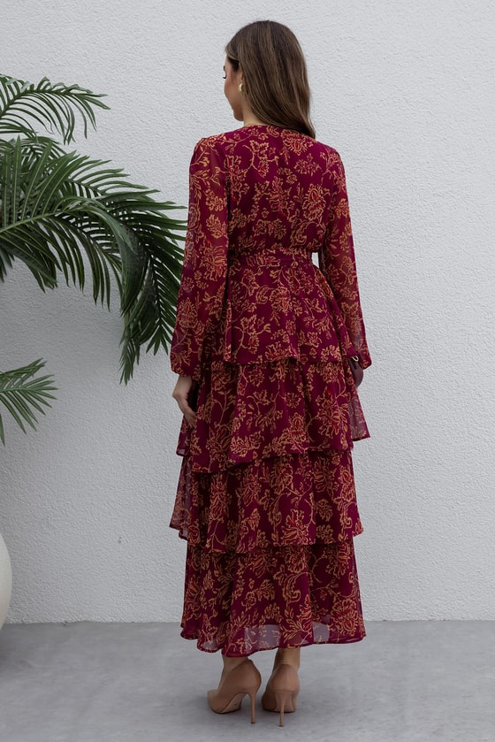 Kuşaklı Desenli Elbise - BORDO