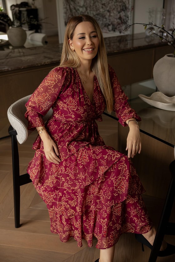 Kuşaklı Desenli Elbise - BORDO