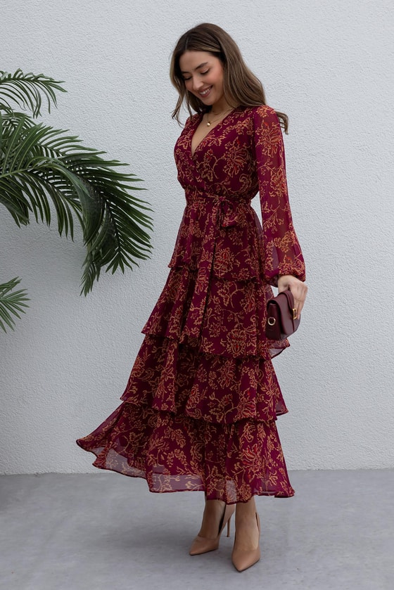 Kuşaklı Desenli Elbise - BORDO