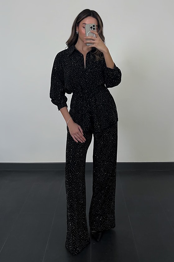 Kuşaklı Işıltılı Takım - SİYAH