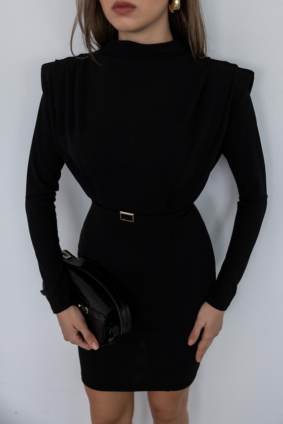 Kuşaklı Omuz Büzgülü Elbise - SİYAH