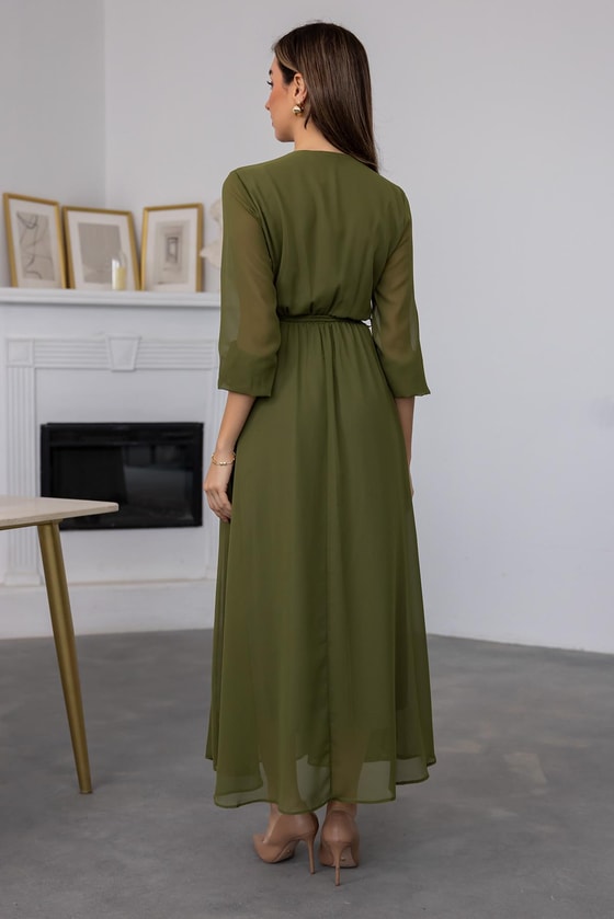 Kuşaklı Şifon Tül Elbise - YEŞİL