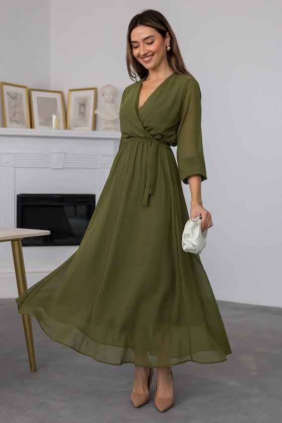 Kuşaklı Şifon Tül Elbise - YEŞİL