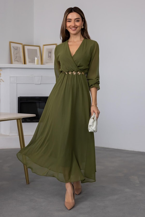 Kuşaklı Şifon Tül Elbise - YEŞİL