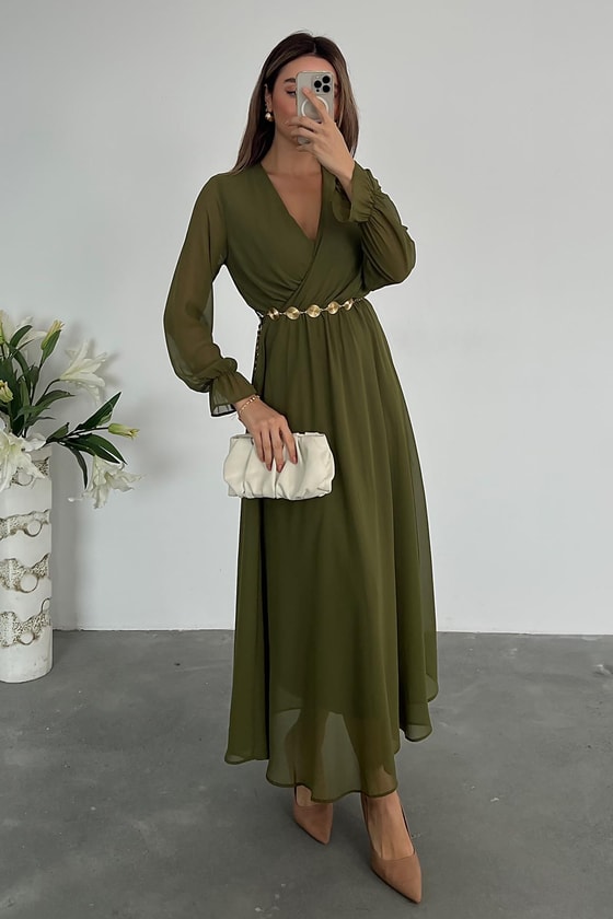 Kuşaklı Şifon Tül Elbise - YEŞİL