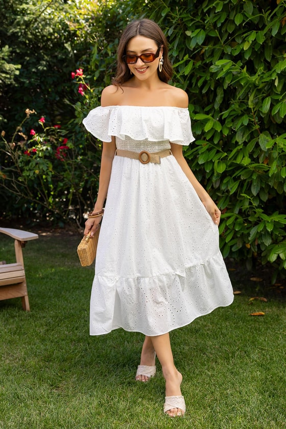 Madonna Yaka Hasır Kemerli Elbise - BEYAZ