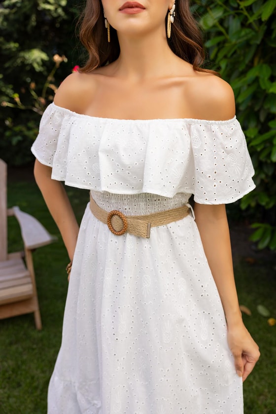 Madonna Yaka Hasır Kemerli Elbise - BEYAZ