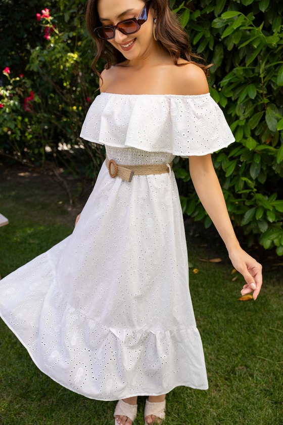 Madonna Yaka Hasır Kemerli Elbise - BEYAZ