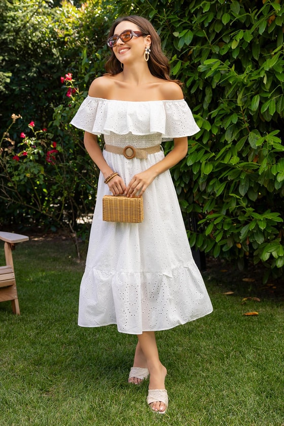 Madonna Yaka Hasır Kemerli Elbise - BEYAZ