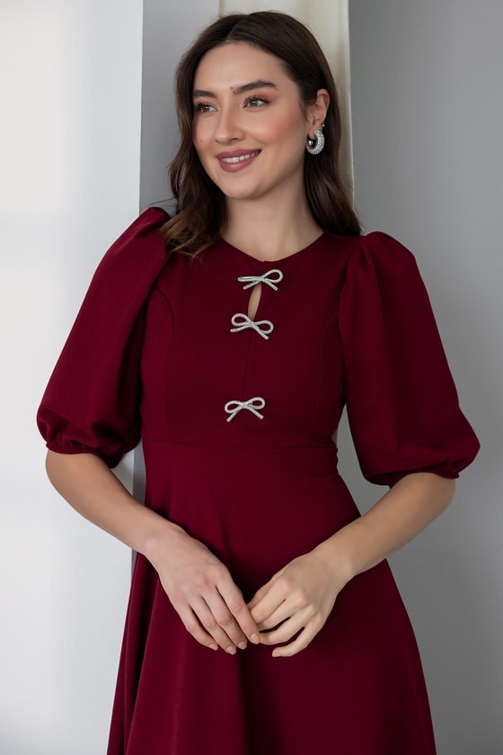 Midi Boy Elbise - BORDO