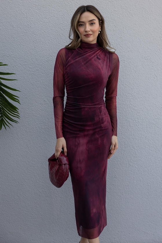 Midi Tül Örme Elbise - BORDO