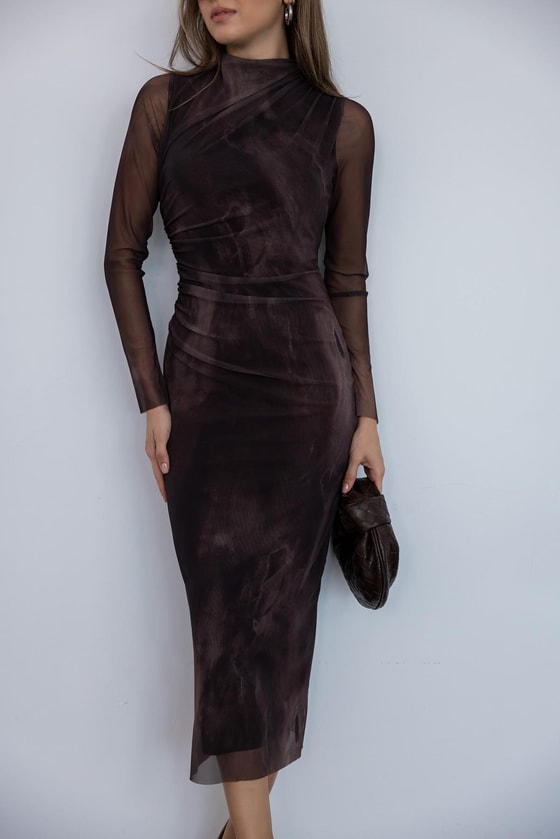 Midi Tül Örme Elbise - KAHVERENGİ