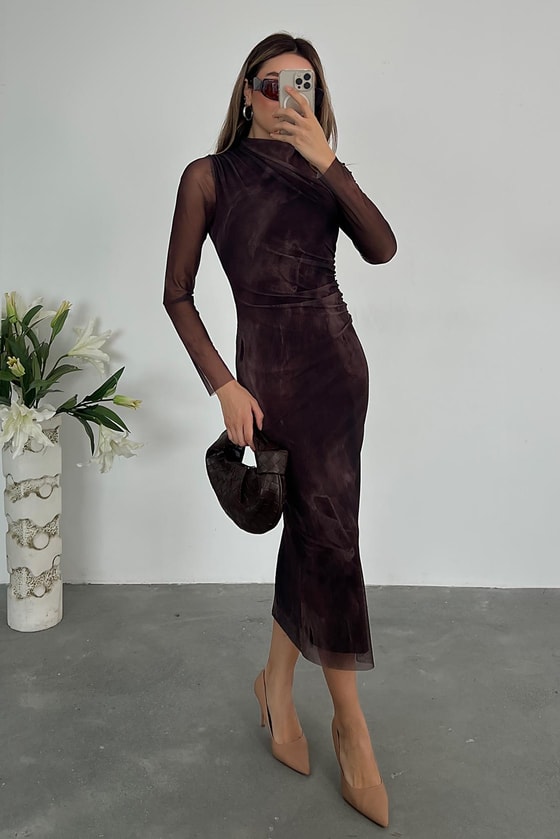 Midi Tül Örme Elbise - KAHVERENGİ