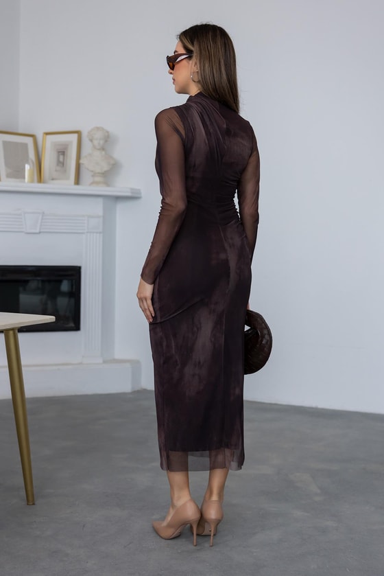 Midi Tül Örme Elbise - KAHVERENGİ