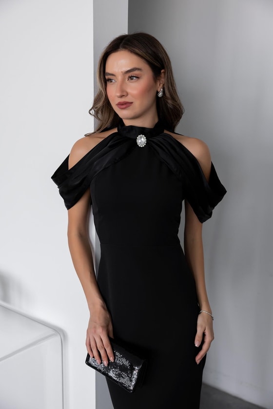 Omuz Detay Kalem Elbise - SİYAH