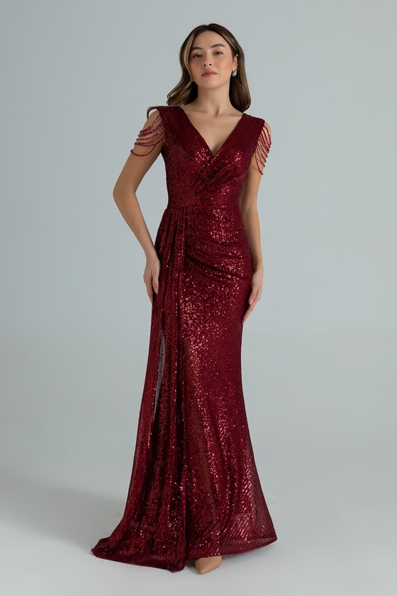 Omuz Detaylı Uzun Abiye - BORDO