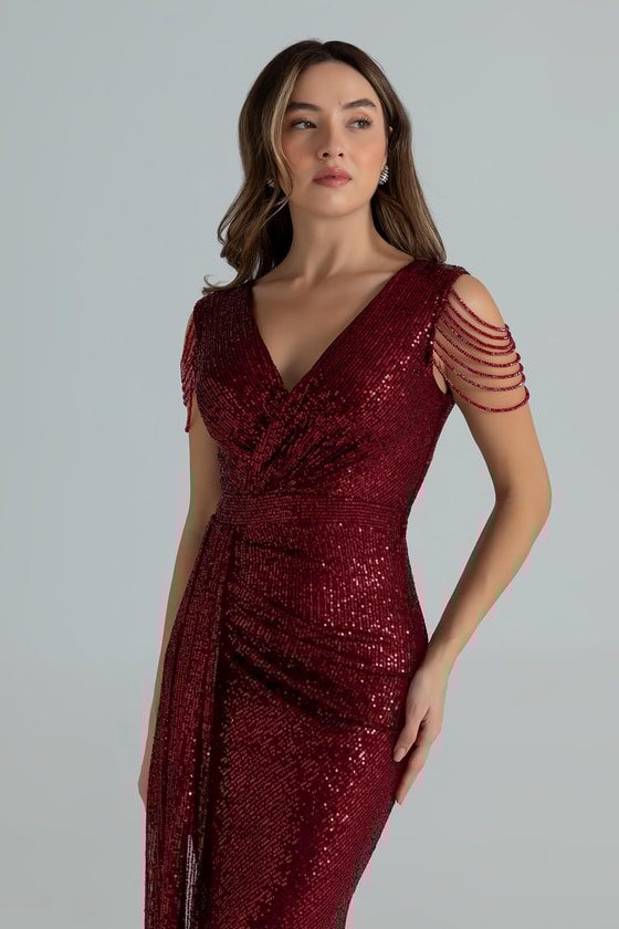 Omuz Detaylı Uzun Abiye - BORDO