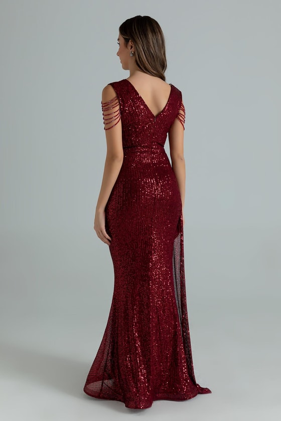 Omuz Detaylı Uzun Abiye - BORDO