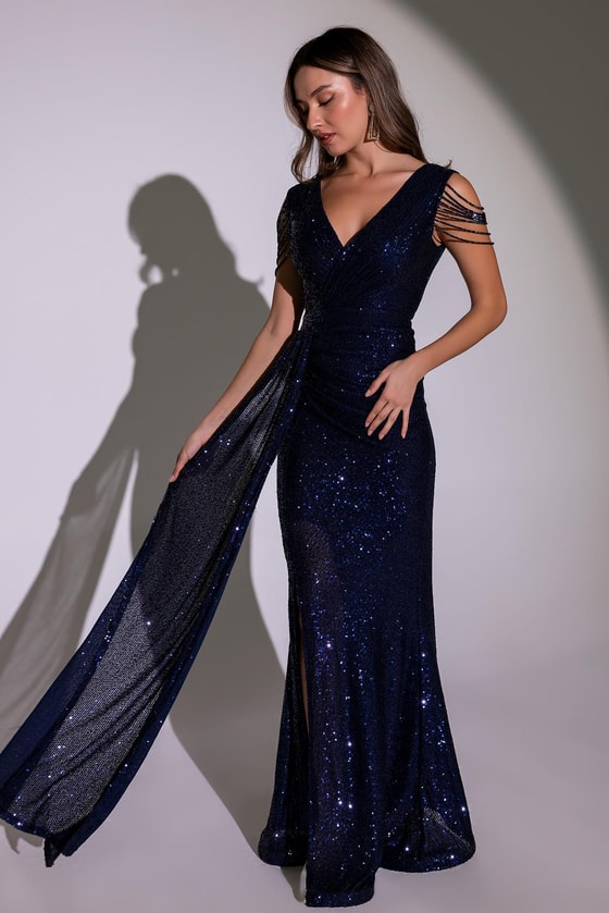 Omuz Detaylı Uzun Abiye - LACİVERT