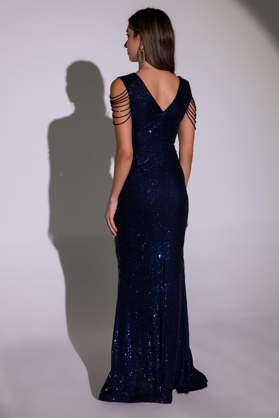 Omuz Detaylı Uzun Abiye - LACİVERT