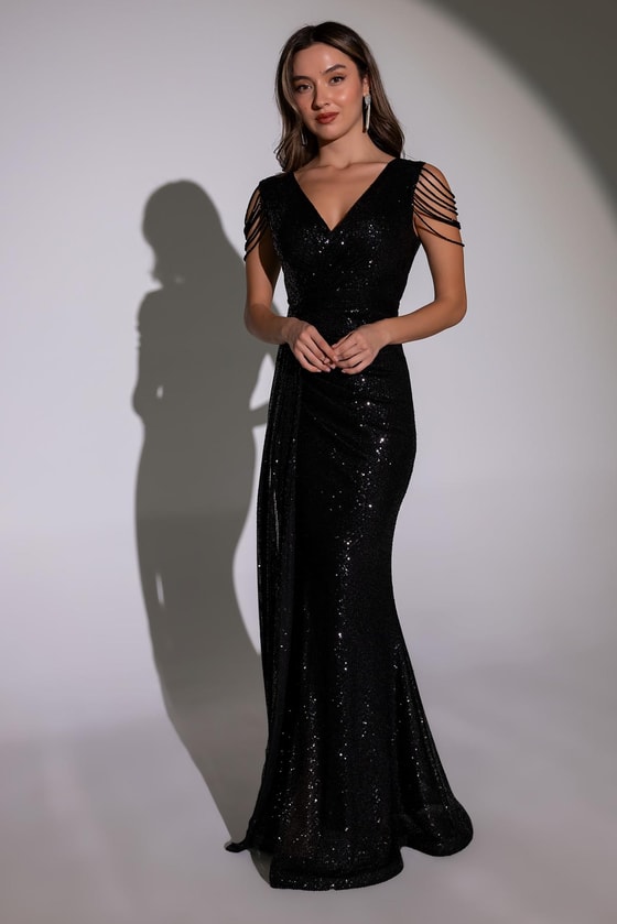 Omuz Detaylı Uzun Abiye - SİYAH