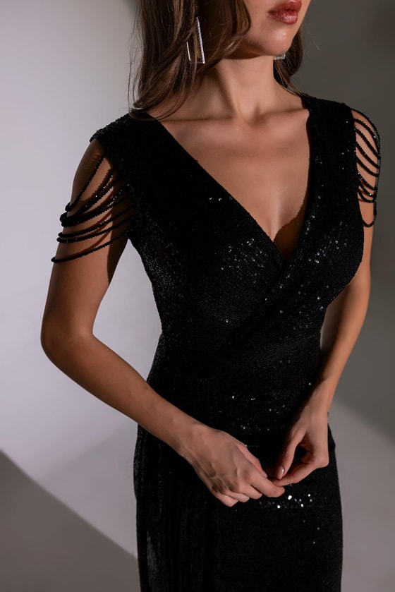 Omuz Detaylı Uzun Abiye - SİYAH