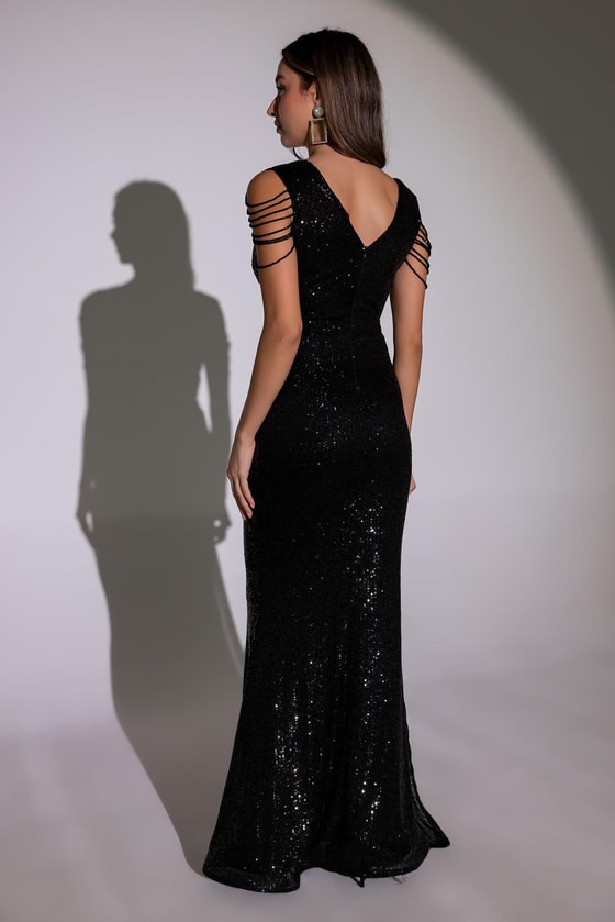 Omuz Detaylı Uzun Abiye - SİYAH