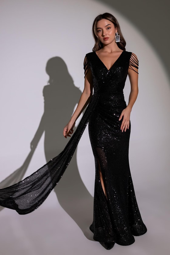 Omuz Detaylı Uzun Abiye - SİYAH